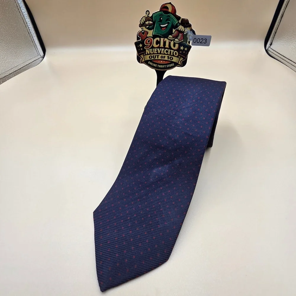 Polo Ralph Lauren Mens Silk Tie Navy Blue Red Micro Dot Hand Blocked England